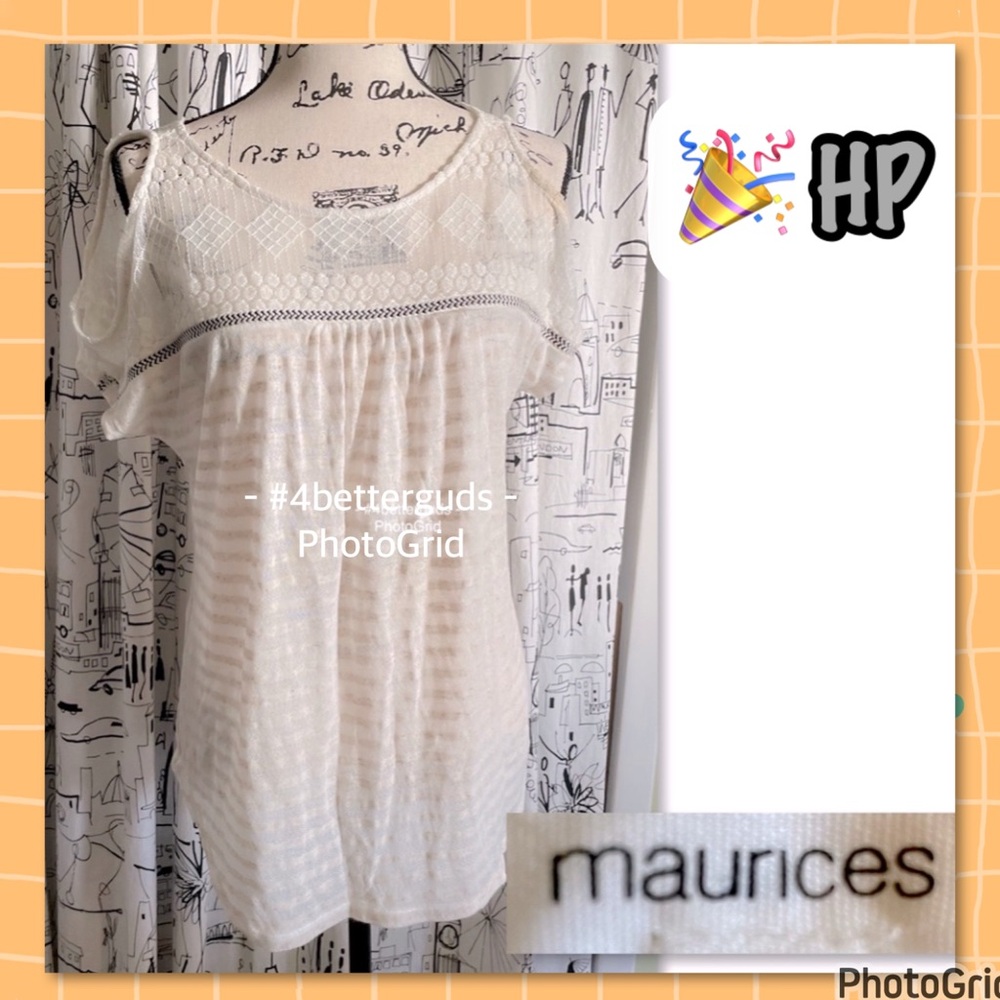 Maurices Cold Shoulder Stripe w/ Lace Accent Sheer Cream & White Top Medium NEW